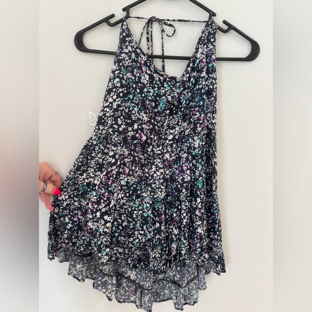 Aeropostale Floral Print Top in Charcoal with Teal & Pink Accents- tie back